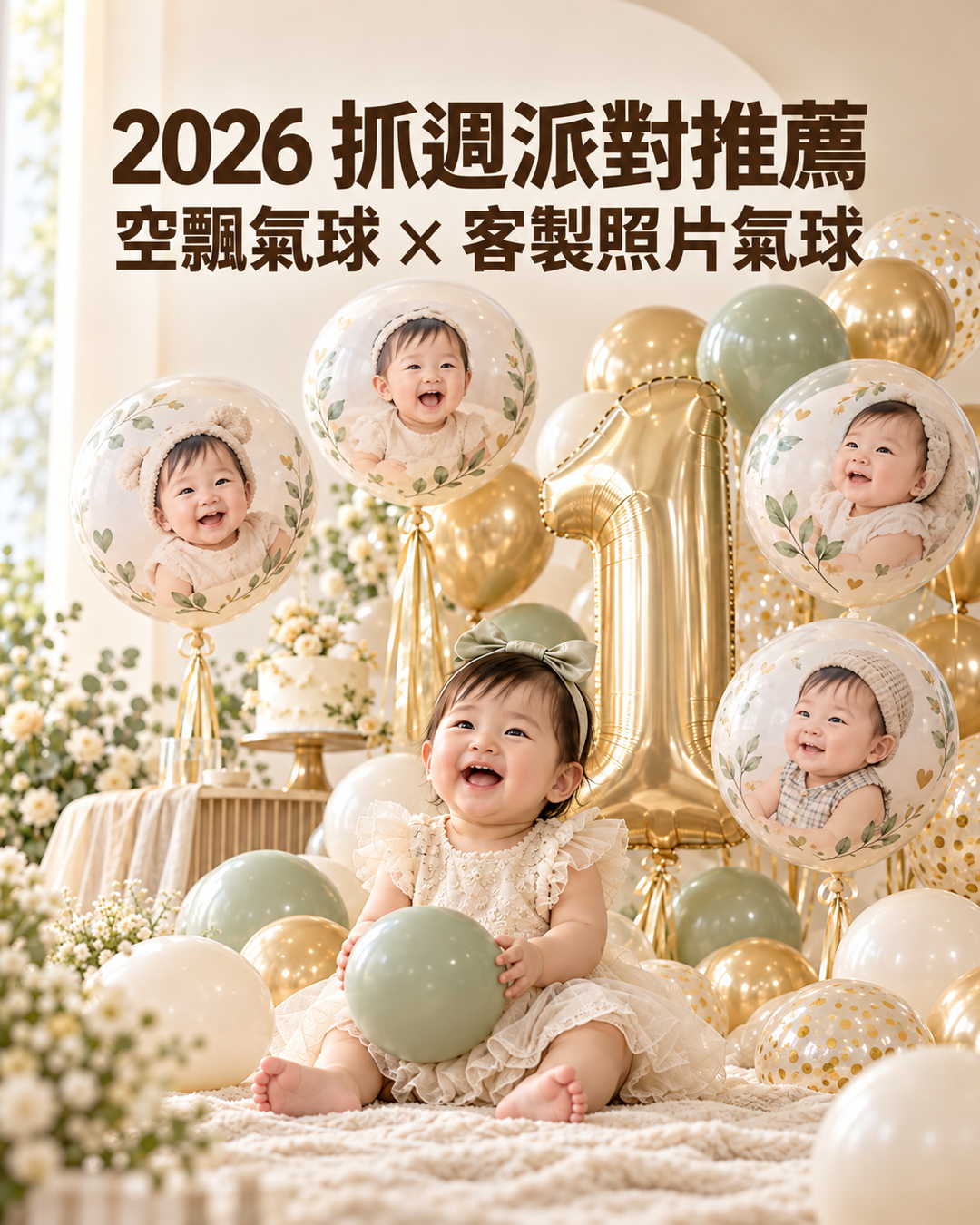 2026抓週派對空飄氣球與客製化寶寶照片氣球佈置|Balloontogo
