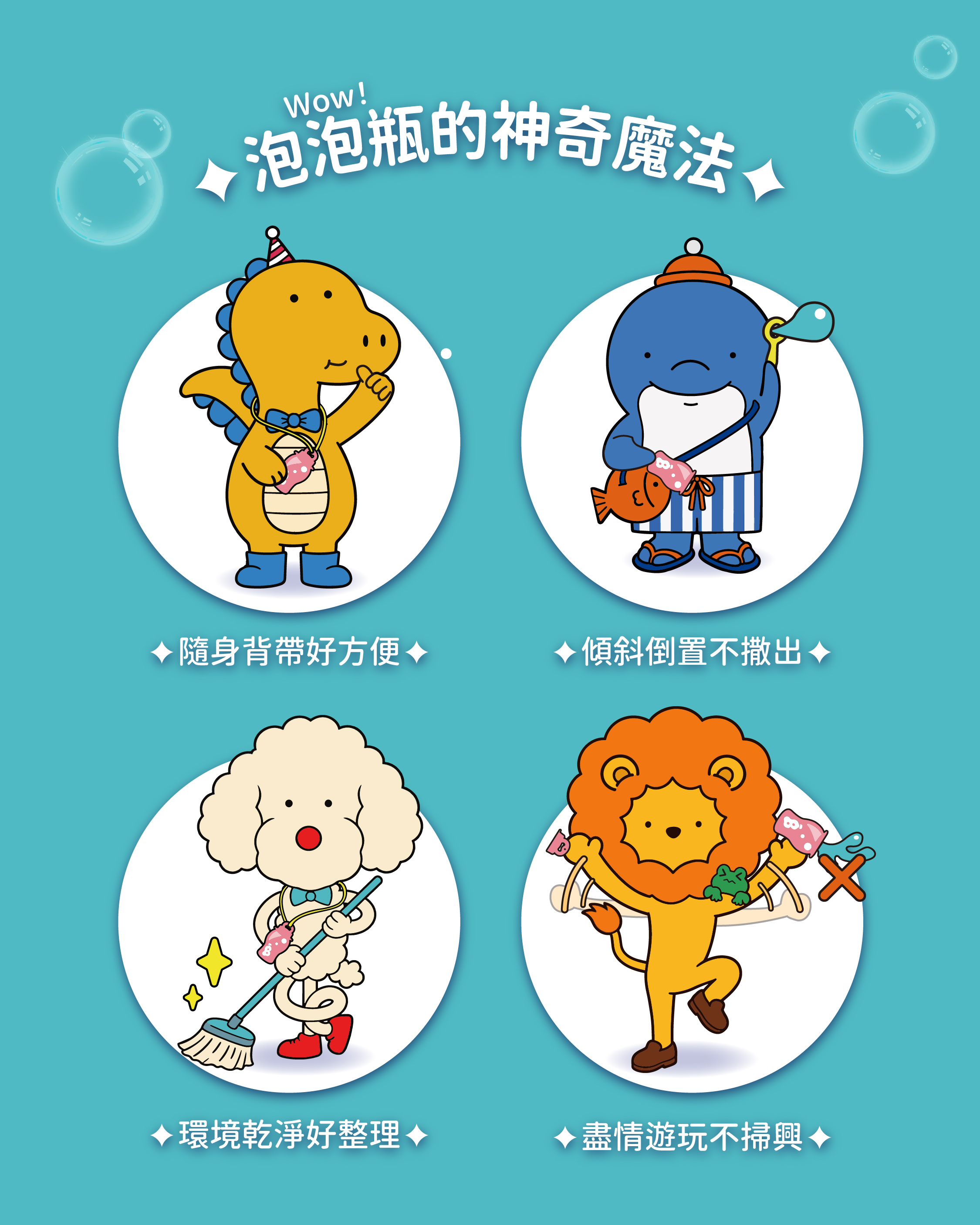 泡泡瓶的神奇魔法 Wow! 隨身背帶好方便、傾斜倒置不撒出、環境乾淨好整理、盡情遊玩不掃興